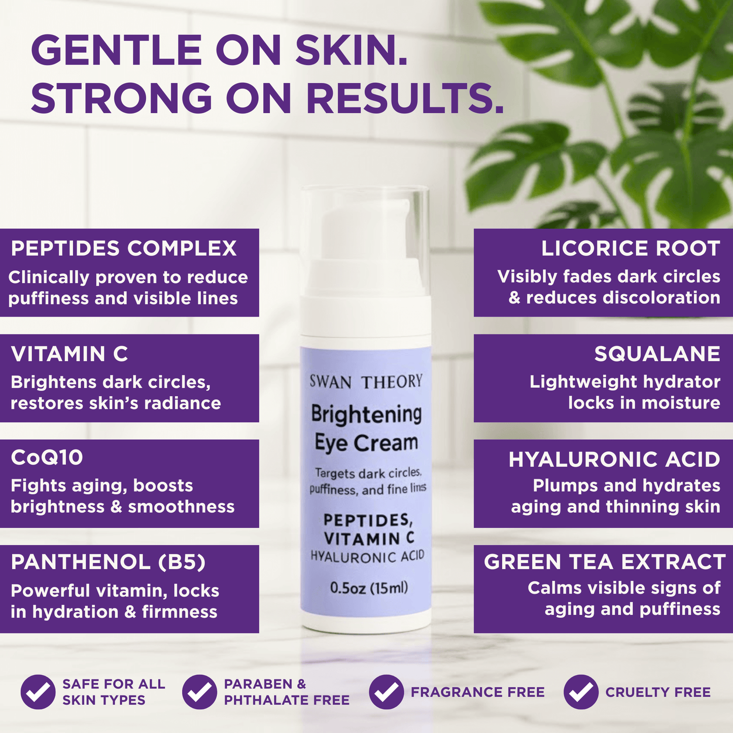 Swan Theory Brightening Eye Cream with ingredients listed on a white background