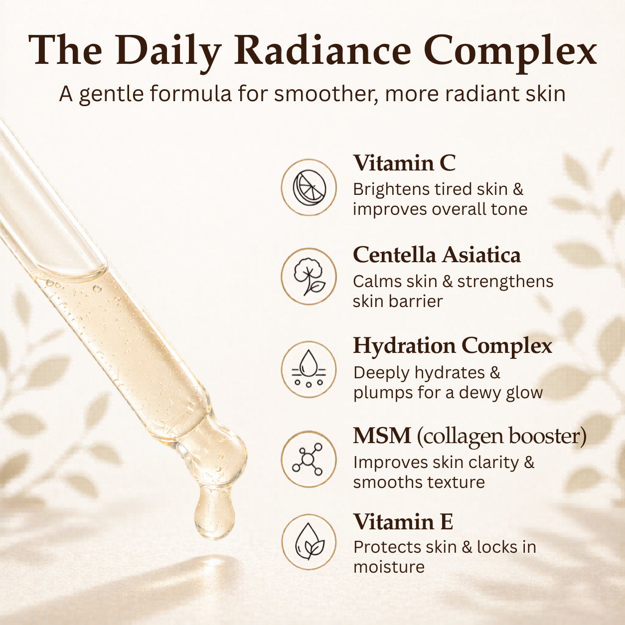 Ingredient benefits graphic for Swan Theory Vitamin C Serum featuring vitamin C, centella asiatica, hydration complex, MSM, and vitamin E