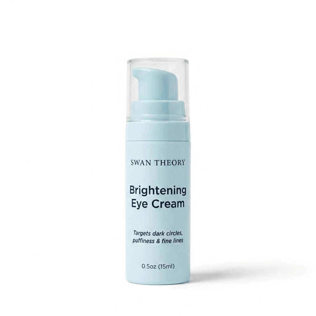 Swan Theory Brightening Eye Cream 0.5oz pump bottle for dark circles, puffiness and fine lines on white background