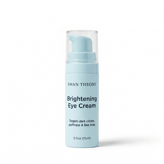 Swan Theory Brightening Eye Cream 0.5oz pump bottle for dark circles, puffiness and fine lines on white background