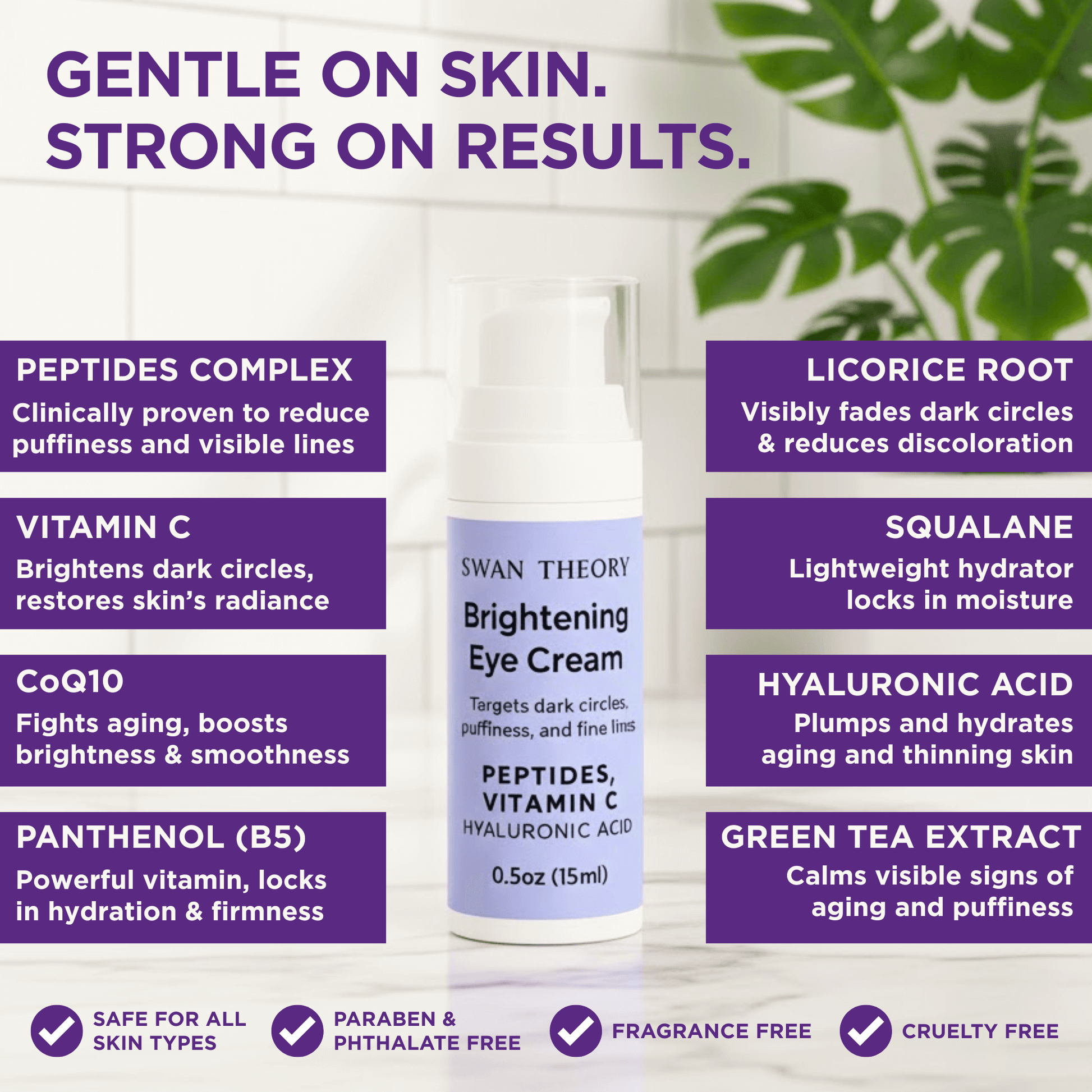 Swan Theory Brightening Eye Cream with ingredients listed on a white background