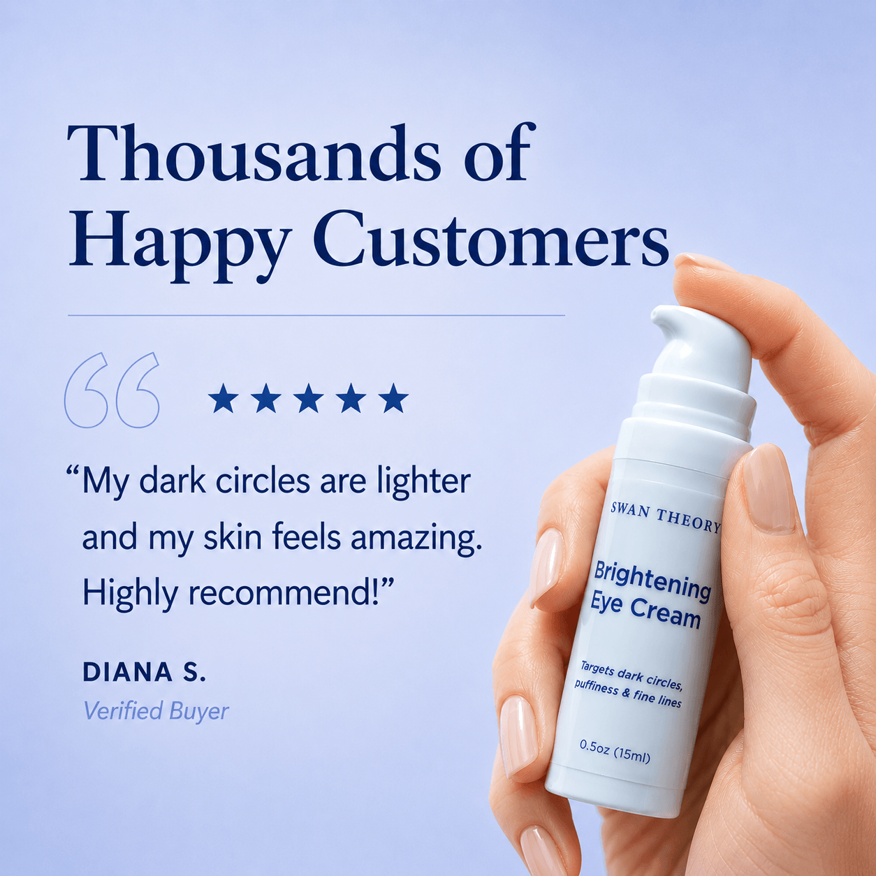 Customer review for Swan Theory Brightening Eye Cream highlighting improvement in dark circles and smoother-looking under-eyes