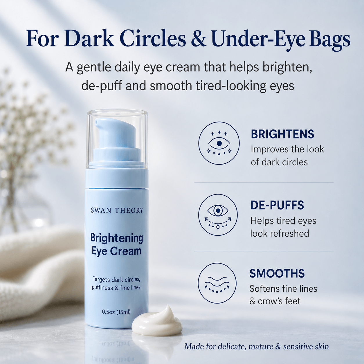 Benefits graphic for Swan Theory Brightening Eye Cream showing support for dark circles, puffiness, and fine lines on mature and sensitive skin