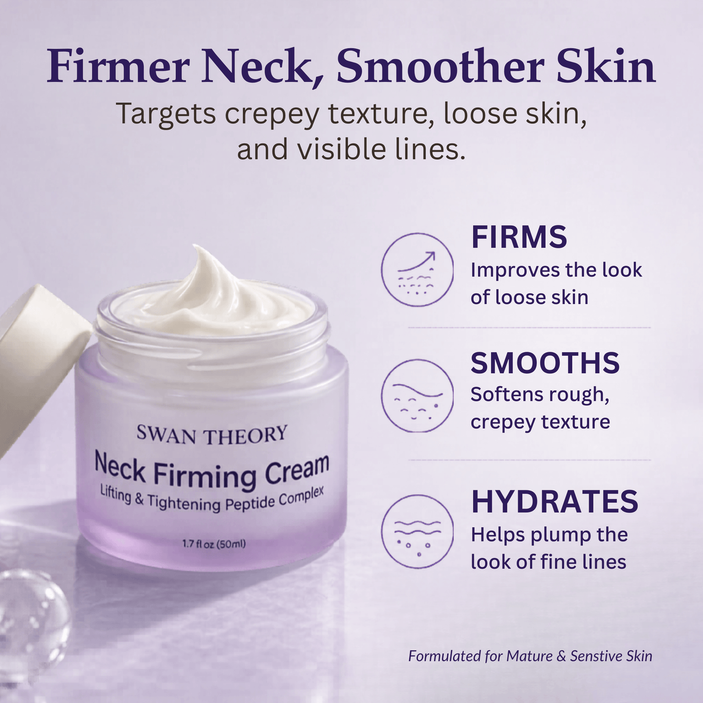 Swan Theory Neck Firming Cream showing firming, smoothing, and hydrating benefits for mature neck skin