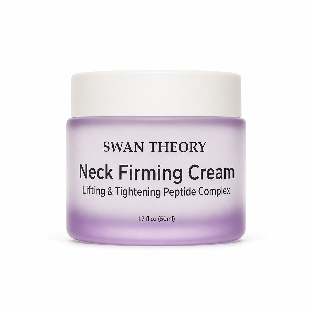 Swan Theory Firming Neck Cream for crepey, aging neck skin in a frosted purple glass jar