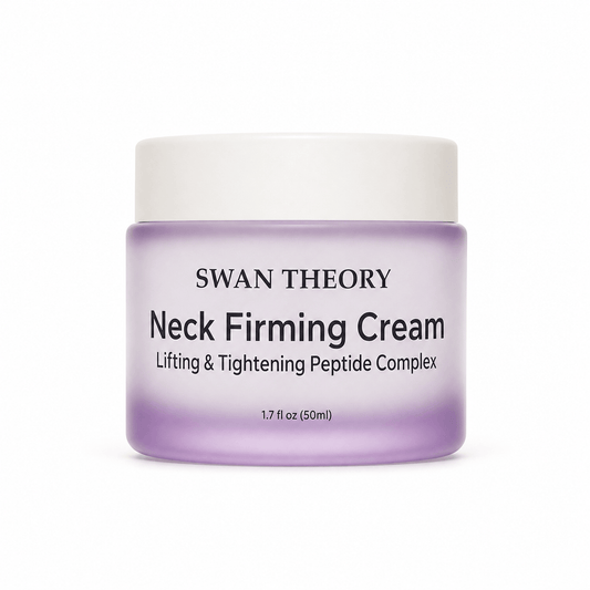 Swan Theory Firming Neck Cream for crepey, aging neck skin in a frosted purple glass jar