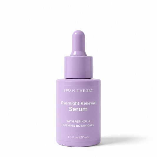 Swan Theory Purple Overnight Renewal Retinol Serum bottle with dropper on a white background