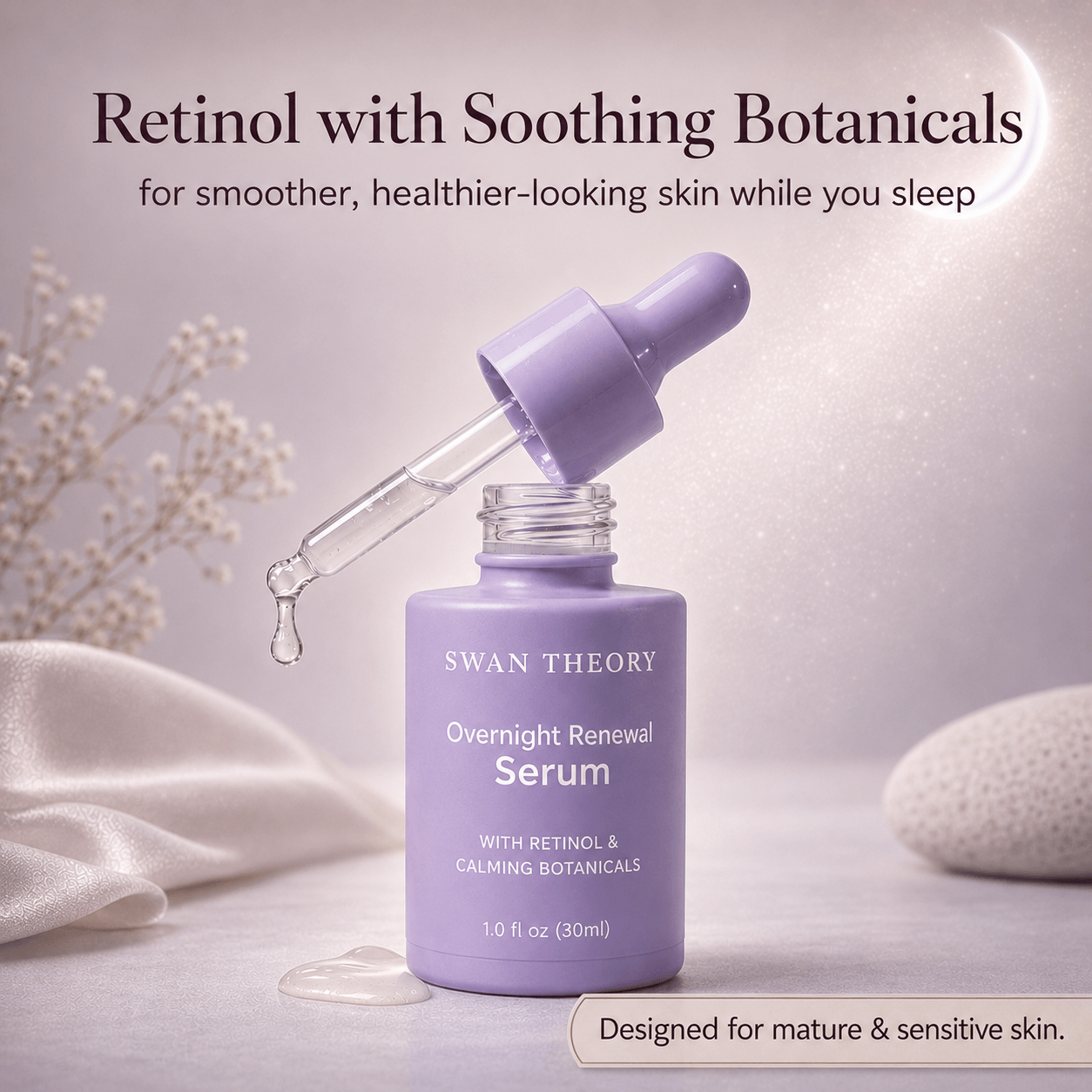 Swan Theory Overnight Renewal Retinol Serum with soothing botanicals for smoother, healthier-looking skin overnight