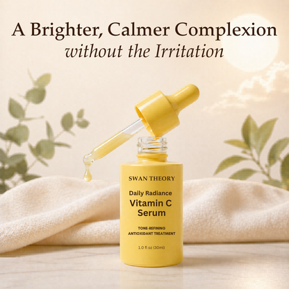 Swan Theory Daily Radiance Vitamin C Serum dropper bottle with gentle brightening formula for sensitive and mature skin